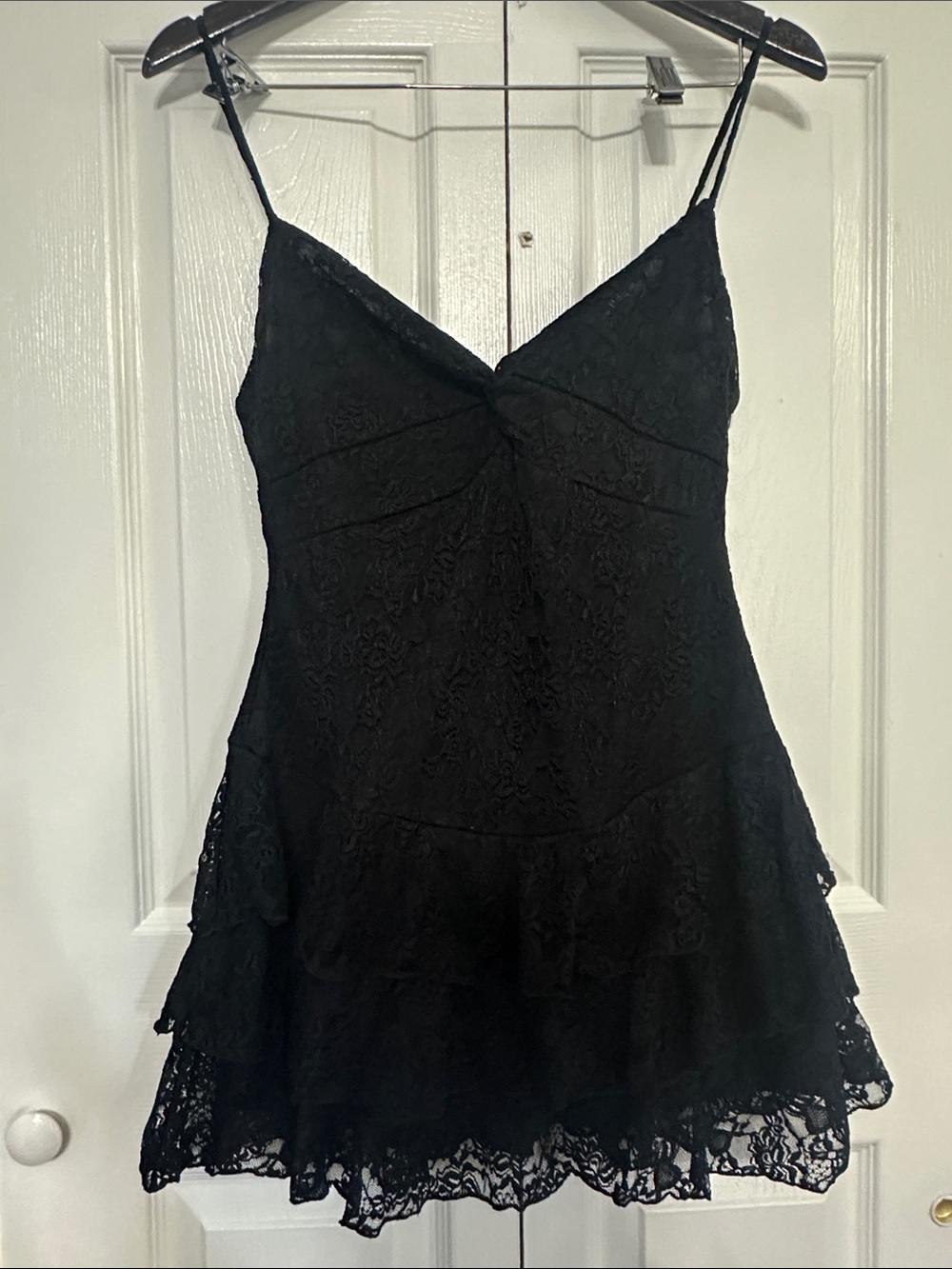 Black Lace Tiered Mini Dress with Spaghetti Straps